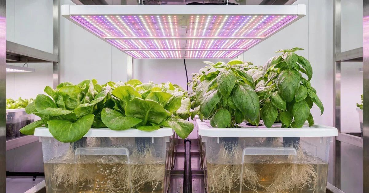 Panel LED de espectro completo iluminando lechugas y albahaca en sistema hidropónico DWC indoor