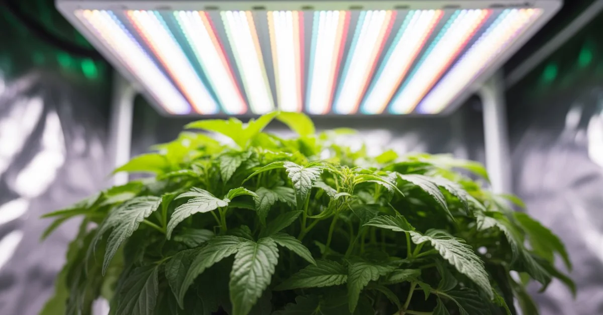 planta de cannabis bajo luz led cultivo interior