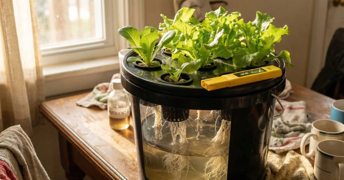 sistema DWC de hidroponía casera con lechugas y medidor de pH en mesa de cocina