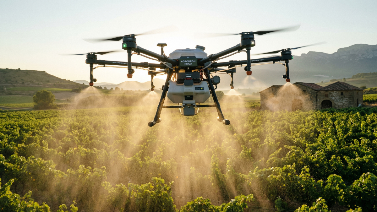 Dron fumigador agrícola volando sobre viñedos en España al atardecer.