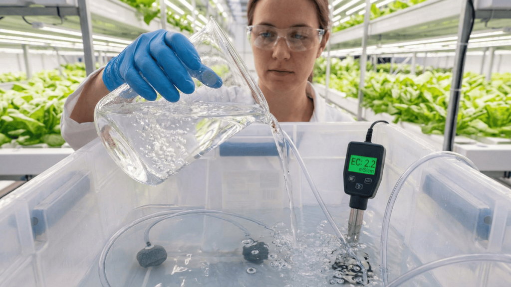 Preparación de la fórmula Resh mezclando fertilizantes solubles en un tanque de agua con oxigenación activa.