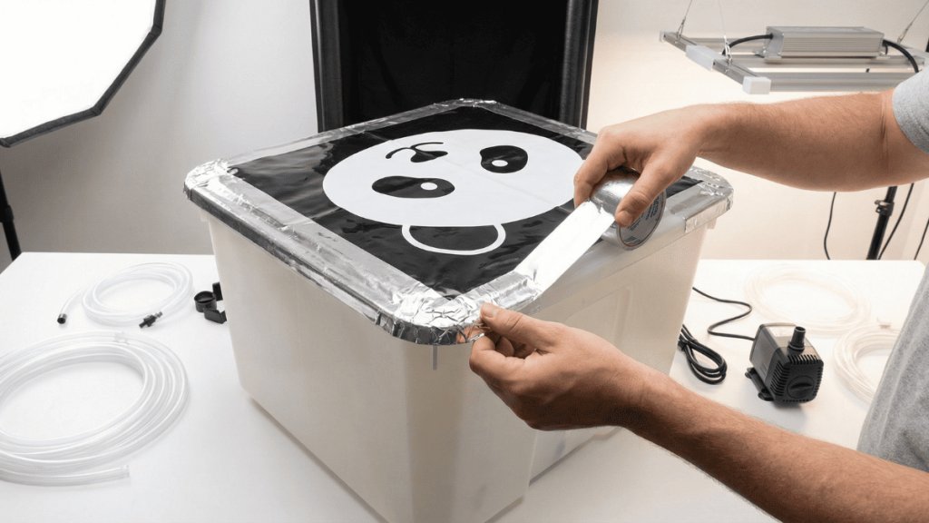 Instalación de película reflectante opaca en reservorio hidropónico para evitar entrada de luz y algas.