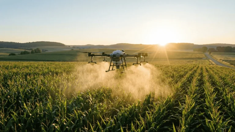Dron agrícola de alta capacidad fumigando un campo de maíz al amanecer, mostrando sistemas de rociado de alto caudal para agricultura de precisión.
