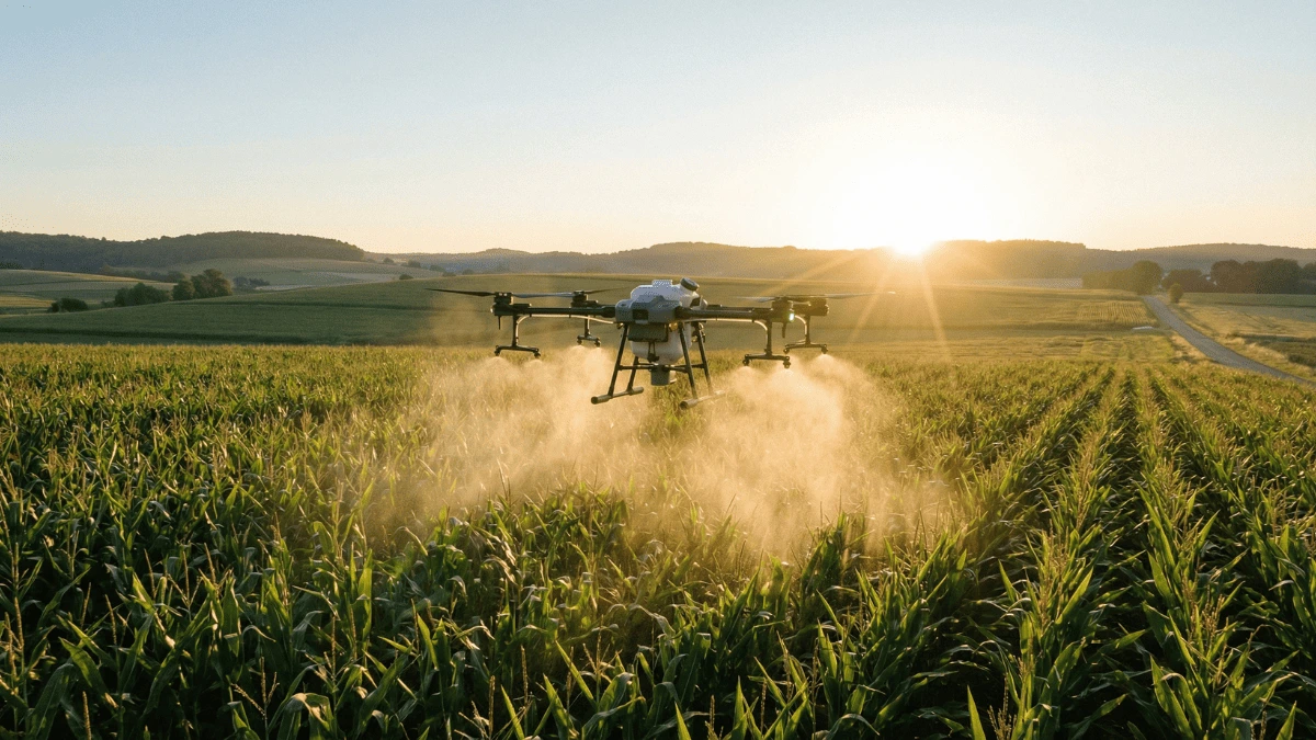 Dron agrícola de alta capacidad fumigando un campo de maíz al amanecer, mostrando sistemas de rociado de alto caudal para agricultura de precisión.