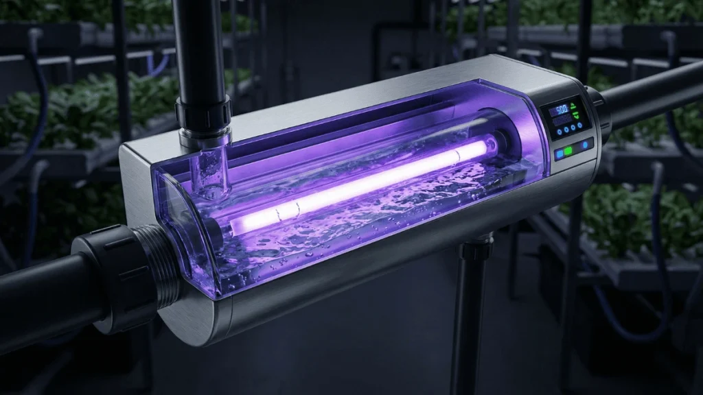 Diagrama de funcionamiento de un esterilizador UV-C para purificación de agua en sistemas de recirculación.