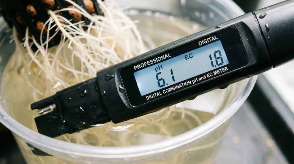 Pantalla de un medidor digital combo mostrando niveles óptimos de pH 6.0 y EC 1.8 en una solución nutritiva casera.