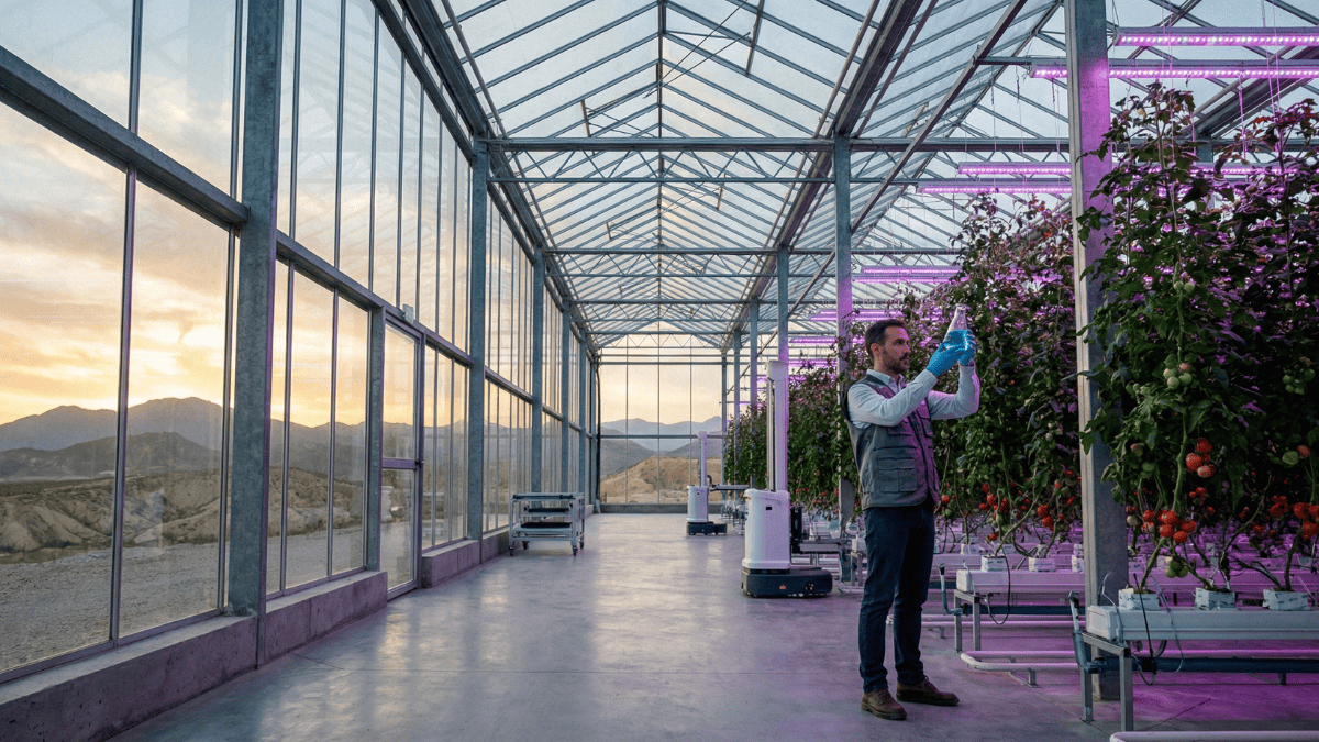Agrónomo analizando una muestra de nutrientes hidropónicos caseros en un invernadero de alta tecnología en España bajo luces LED de cultivo.