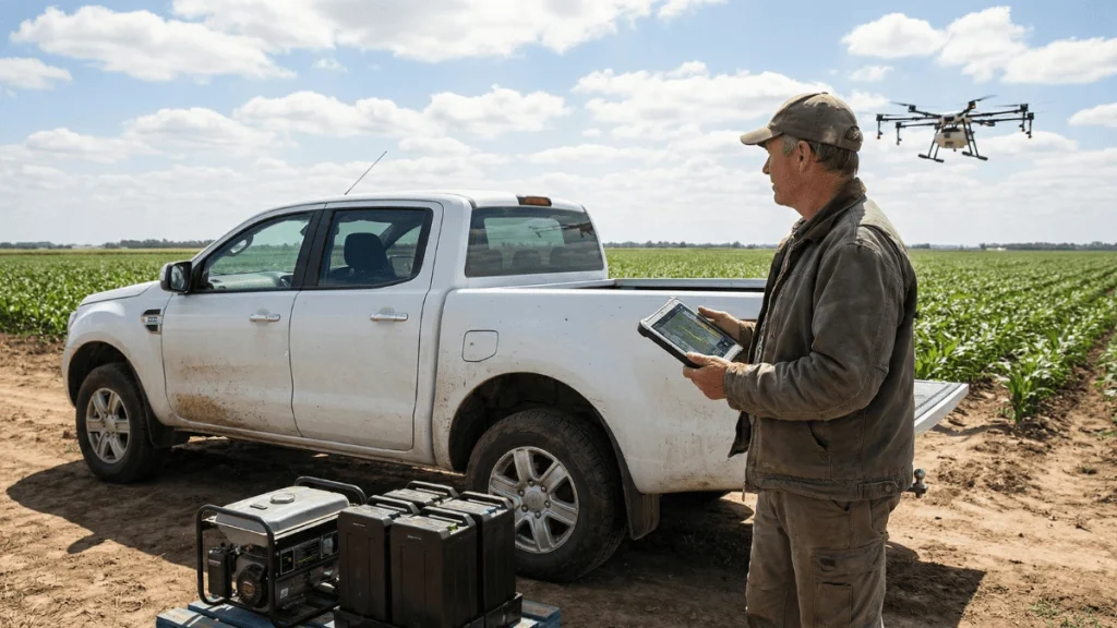 Operador de drones agrícolas gestionando la logística de vuelo con generadores y baterías en una camioneta pickup en el borde del cultivo.