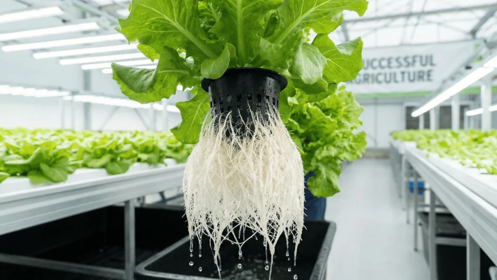 Raíces de cultivo hidropónico totalmente sanas, blancas y libres de algas tras el tratamiento.