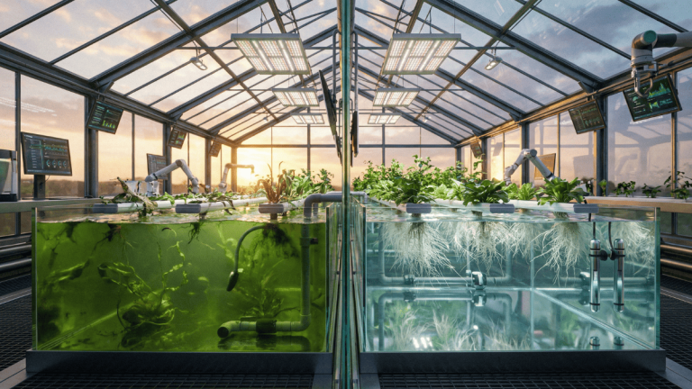 Comparativa de sistema hidropónico con agua verde por algas frente a agua limpia y sana con raíces blancas.