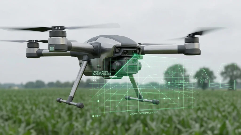 Visualización del sistema de radar de matriz en fase y escaneo de obstáculos 3D en un dron agrícola DJI Agras T50 para evitar colisiones.