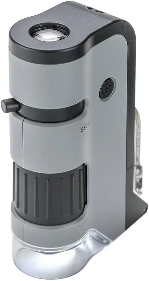 Carson MicroFlip 100x-250x microscopio de bolsillo plegable con luz LED y UV