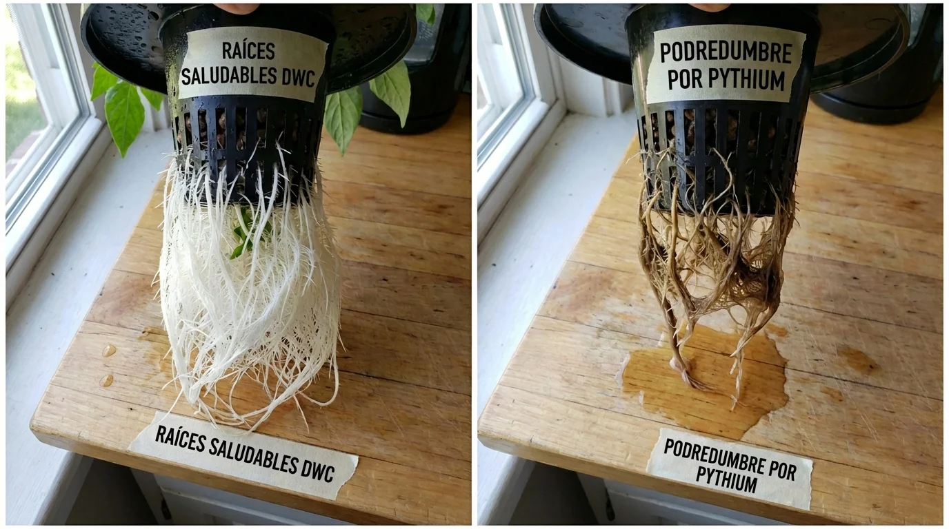 Comparativa de raíces sanas blancas vs raíces marrones enfermas con Pythium en sistema hidropónico DWC