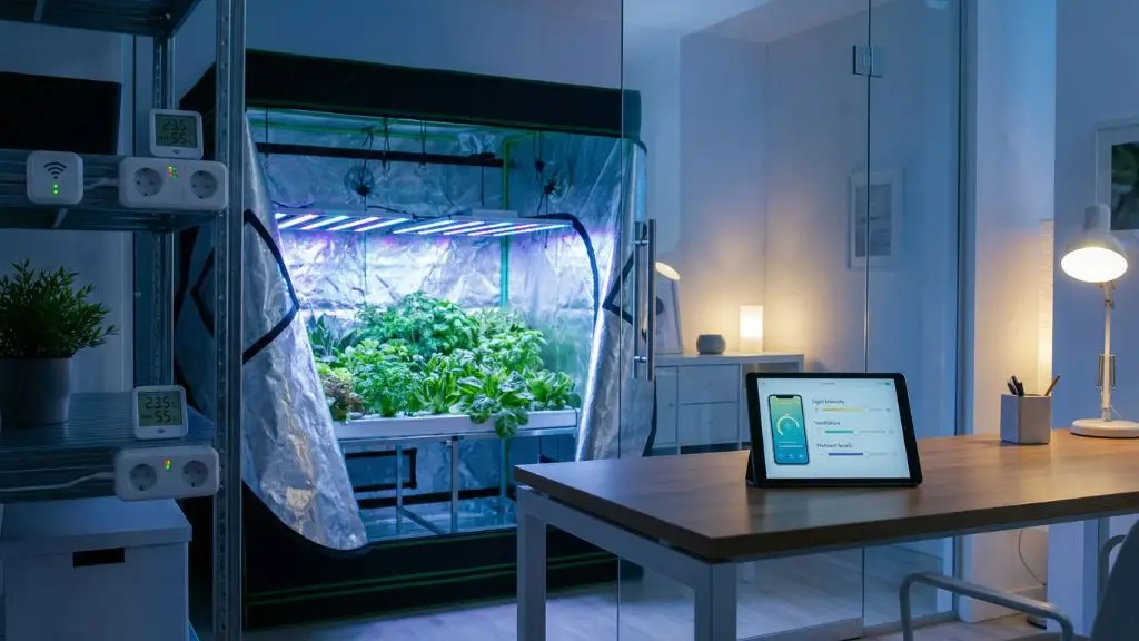 Sistema de cultivo indoor automatizado con luces LED, sensores WiFi y enchufes inteligentes