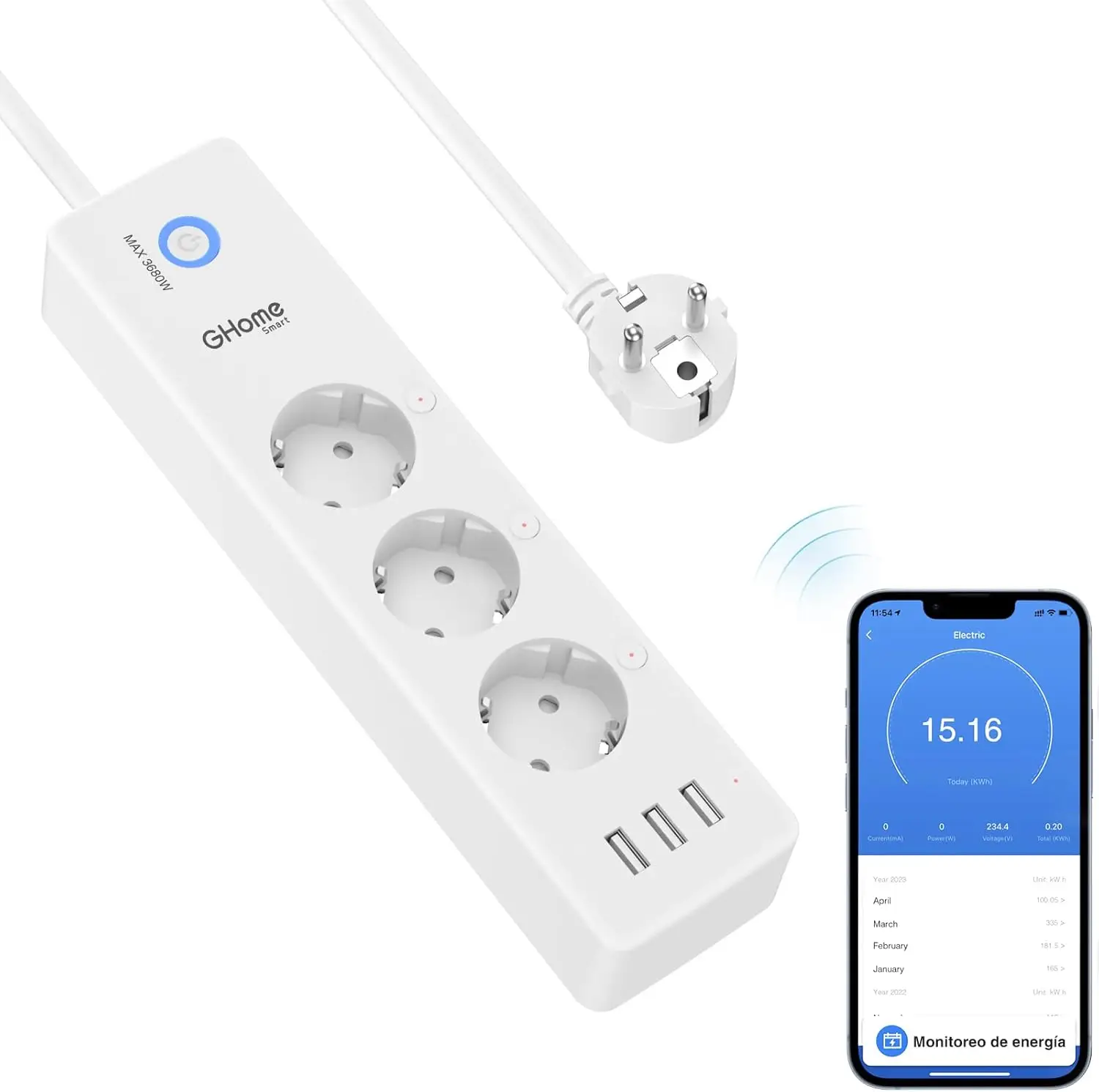 GHome Smart regleta Wi-Fi 3 enchufes independientes 3 USB Alexa monitoreo consumo automatizar cultivo indoor