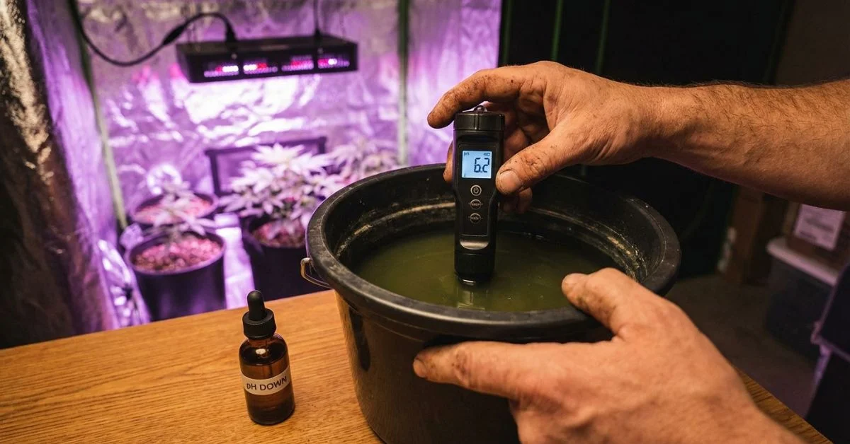 Manos ajustando el pH de la solución nutritiva en un sistema DWC casero con medidor digital y gotero de pH down