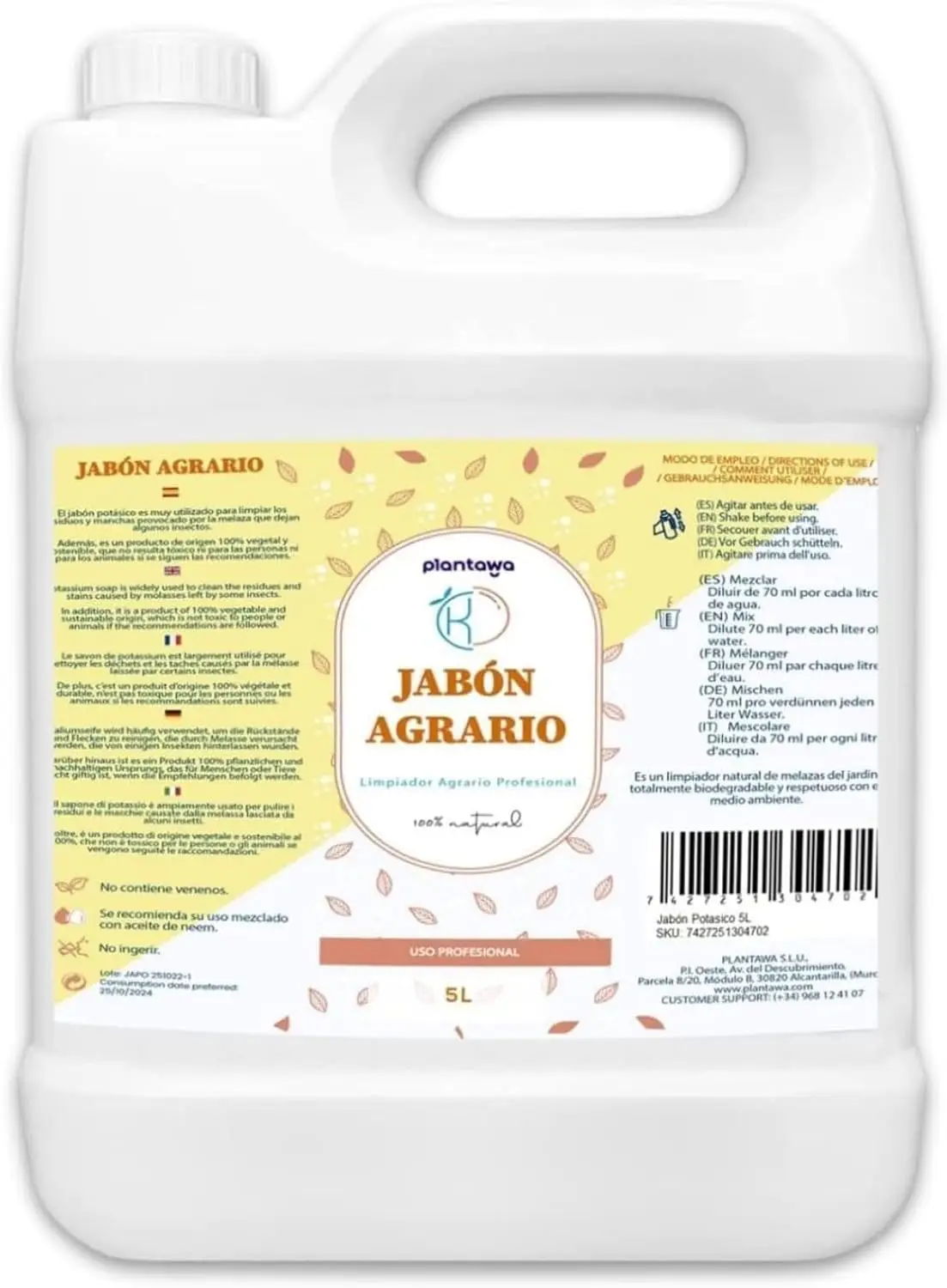 PLANTAWA jabón potásico 5 litros insecticida y emulsionante para tratamientos fitosanitarios