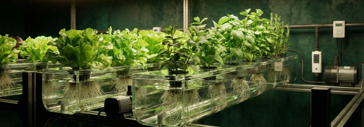 Sistema hidropónico indoor CultivoTech Sistema hidropónico NFT profesional de interior con lechugas bajo luz LED — CultivoTech