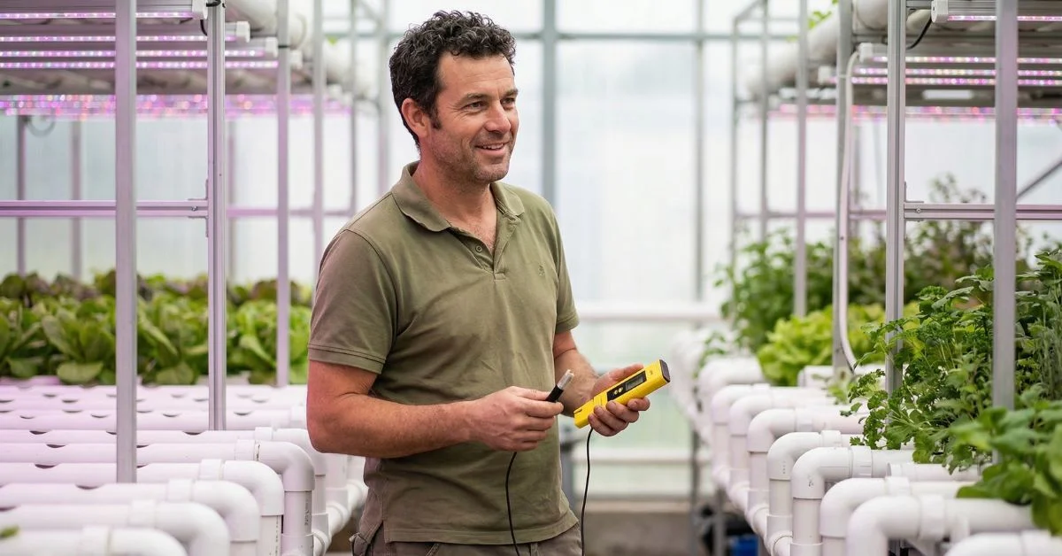 Álvaro Ríos, Ingeniero Agrónomo y fundador de CultivoTech, en una instalación hidropónica comercial