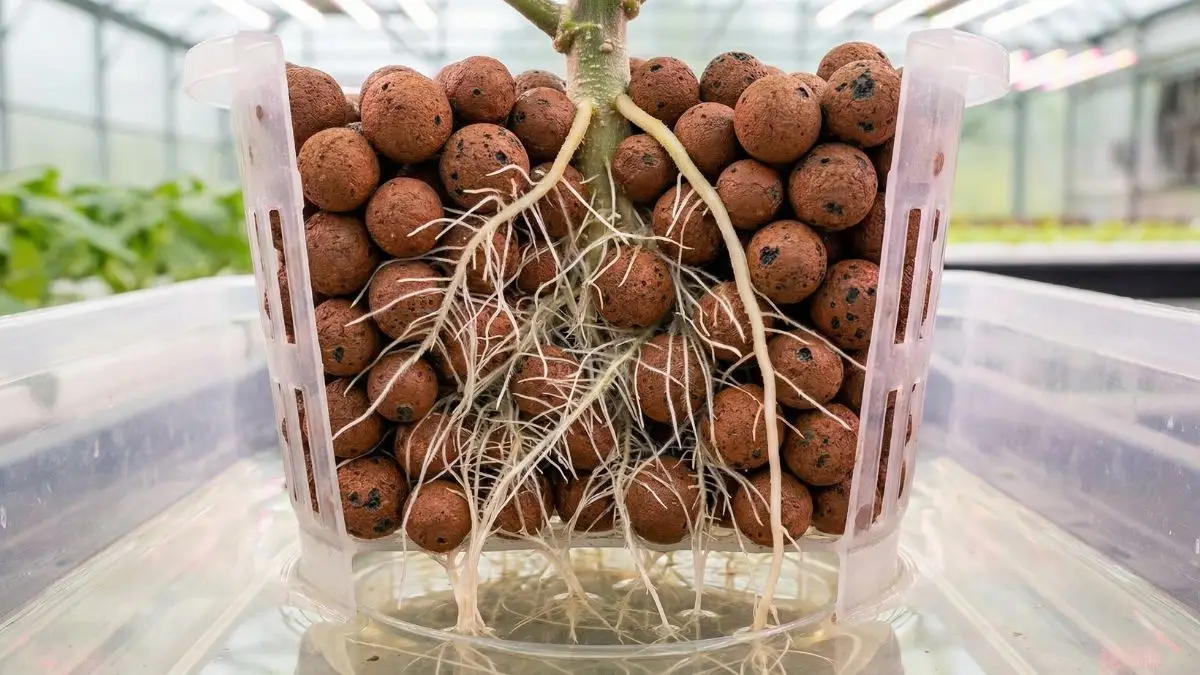 Raíces blancas sanas creciendo a través de bolas de arcilla expandida arlita en sistema hidropónico DWC