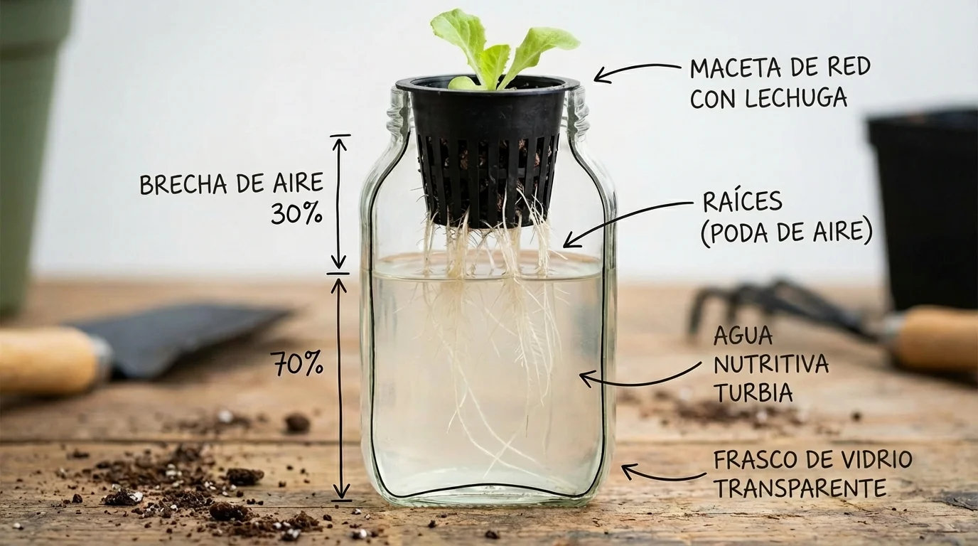 Bote de cristal envuelto completamente en papel de aluminio para bloquear la entrada de luz en un sistema Kratky y evitar la aparición de algas