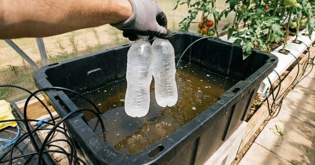 Botellas de agua congelada flotando en un depósito hidropónico para enfriar la solución nutritiva
