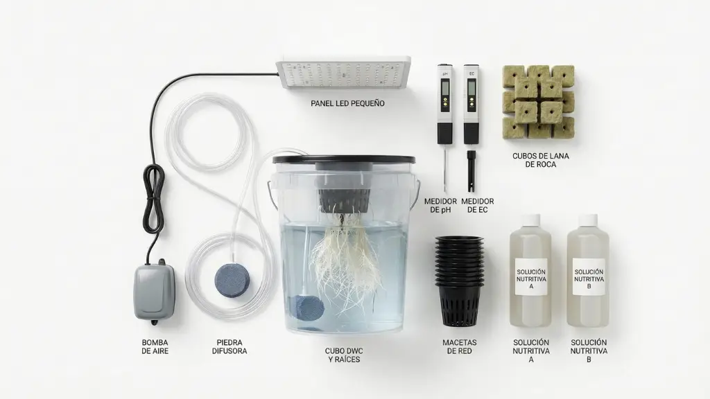 Componentes del kit hidroponia para principiantes: DWC, bomba de aire, macetas, pH metro, nutrientes y piedra difusora