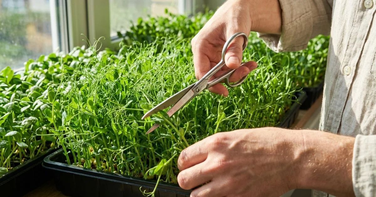 Cosecha de microbrotes frescos de guisante usando tijeras de acero inoxidable