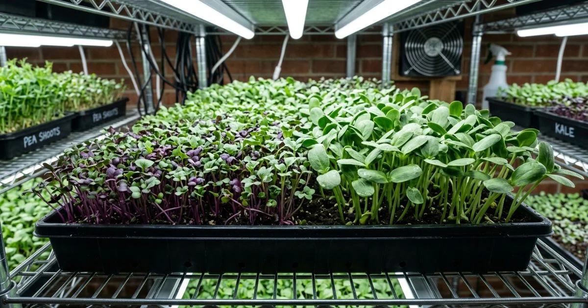 Bandeja de cultivo indoor llena de microbrotes de rábano y girasol creciendo bajo luces LED de espectro completo. Título: Cultivo de microbrotes en bandejas indoor