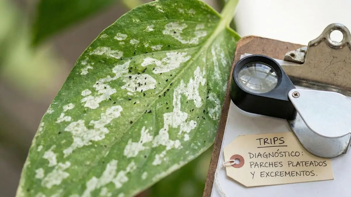 Daños por trips en hoja de pimiento mostrando manchas plateadas irregulares y puntos negros de excrementos