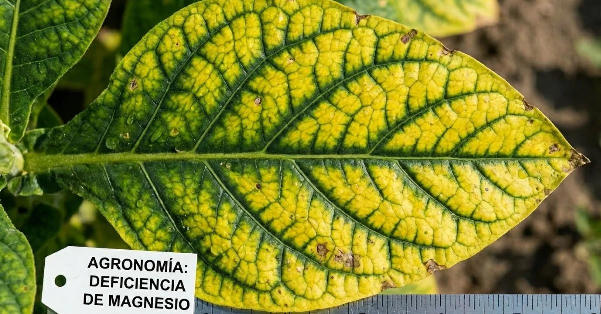 Hoja con clorosis internervial mostrando nervios verdes y tejido amarillo por falta de magnesio
