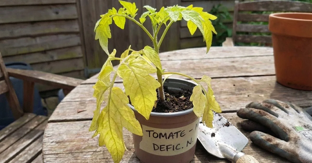 Hojas viejas amarillas en la parte inferior de la planta por deficiencia de nitrógeno