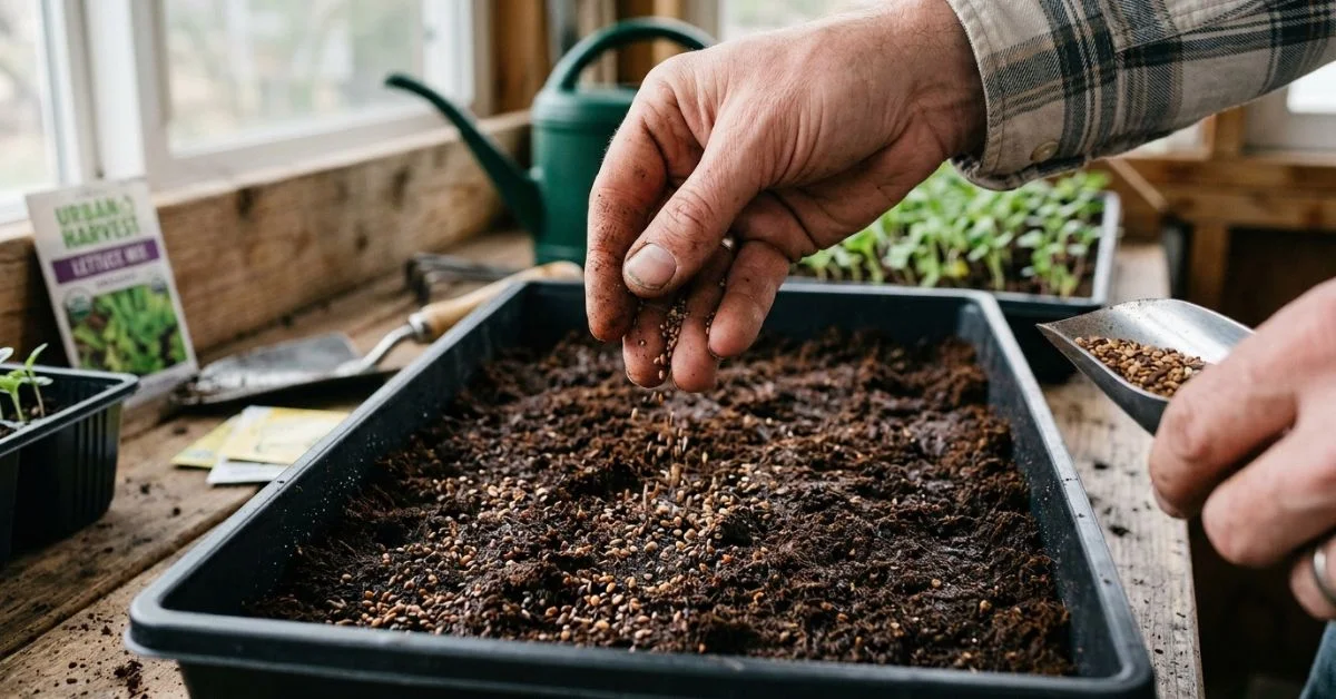 Como cultivar microbrotes en casa: densidad de siembra de semillas sobre sustrato de coco en bandeja 1020