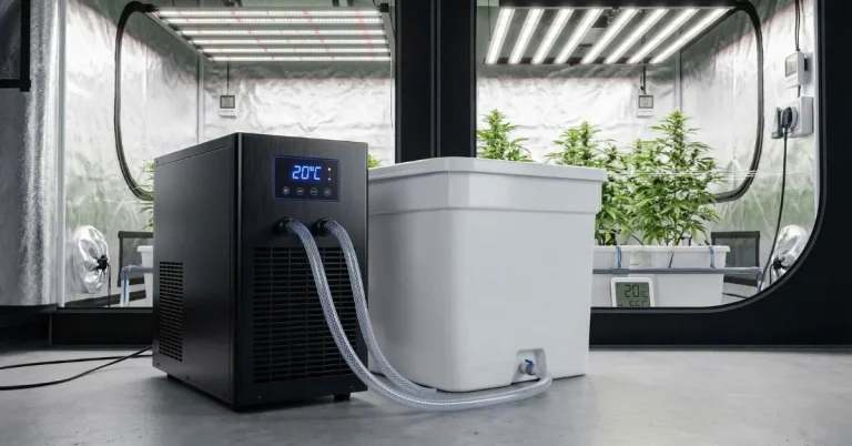 Enfriador de agua profesional water chiller conectado a un depósito de hidroponía marcando 20 grados centígrados.