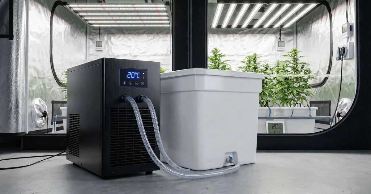 Enfriador de agua water chiller conectado a un depósito hidropónico marcando 20 grados