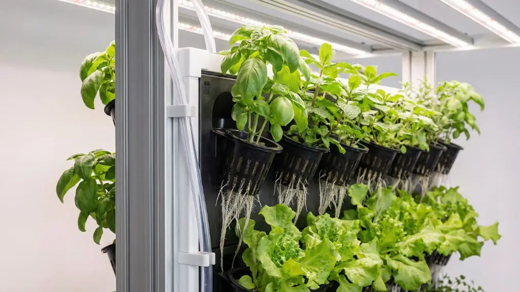 Jardín vertical hidropónico interior con múltiples niveles de lechugas y hierbas bajo luz LED sistema de riego automático