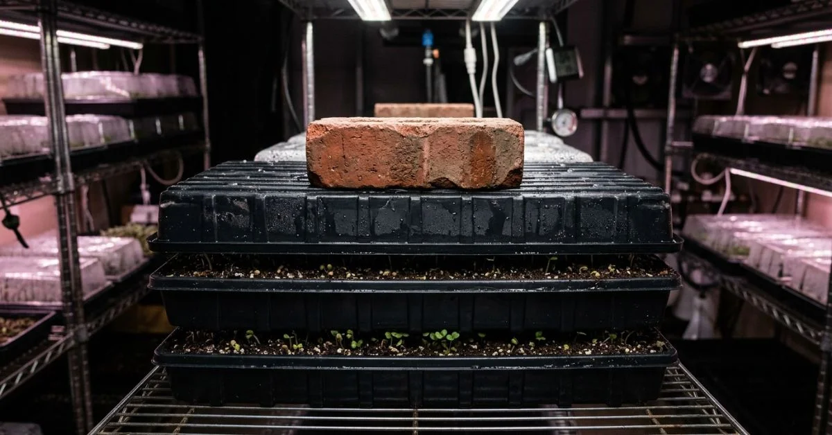 Bandejas de microbrotes apiladas unas sobre otras con un ladrillo encima durante la fase de oscuridad o blackout