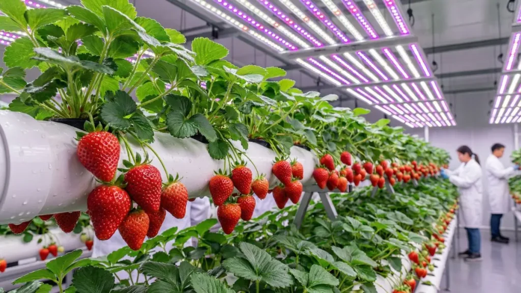 Fresas cultivadas en un sistema hidropónico doméstico
