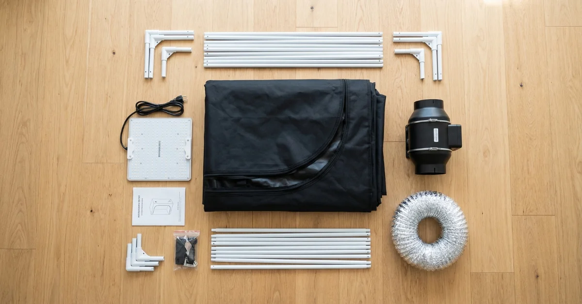 Piezas y componentes de un kit de armario de cultivo interior completo: lona Mylar 1680D, estructura metálica, panel LED, extractor y filtro de carbón