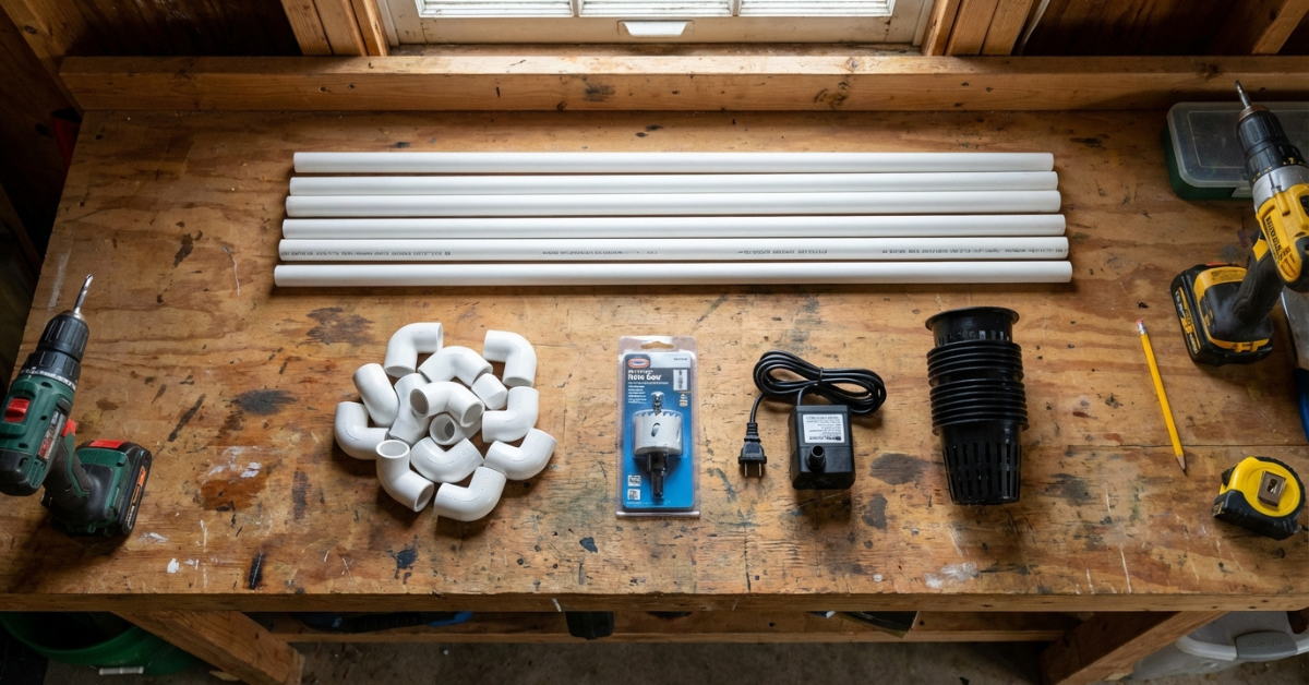 Materiales necesarios para construir un sistema hidropónico NFT casero con tubos de PVC, bomba de agua y macetas de red