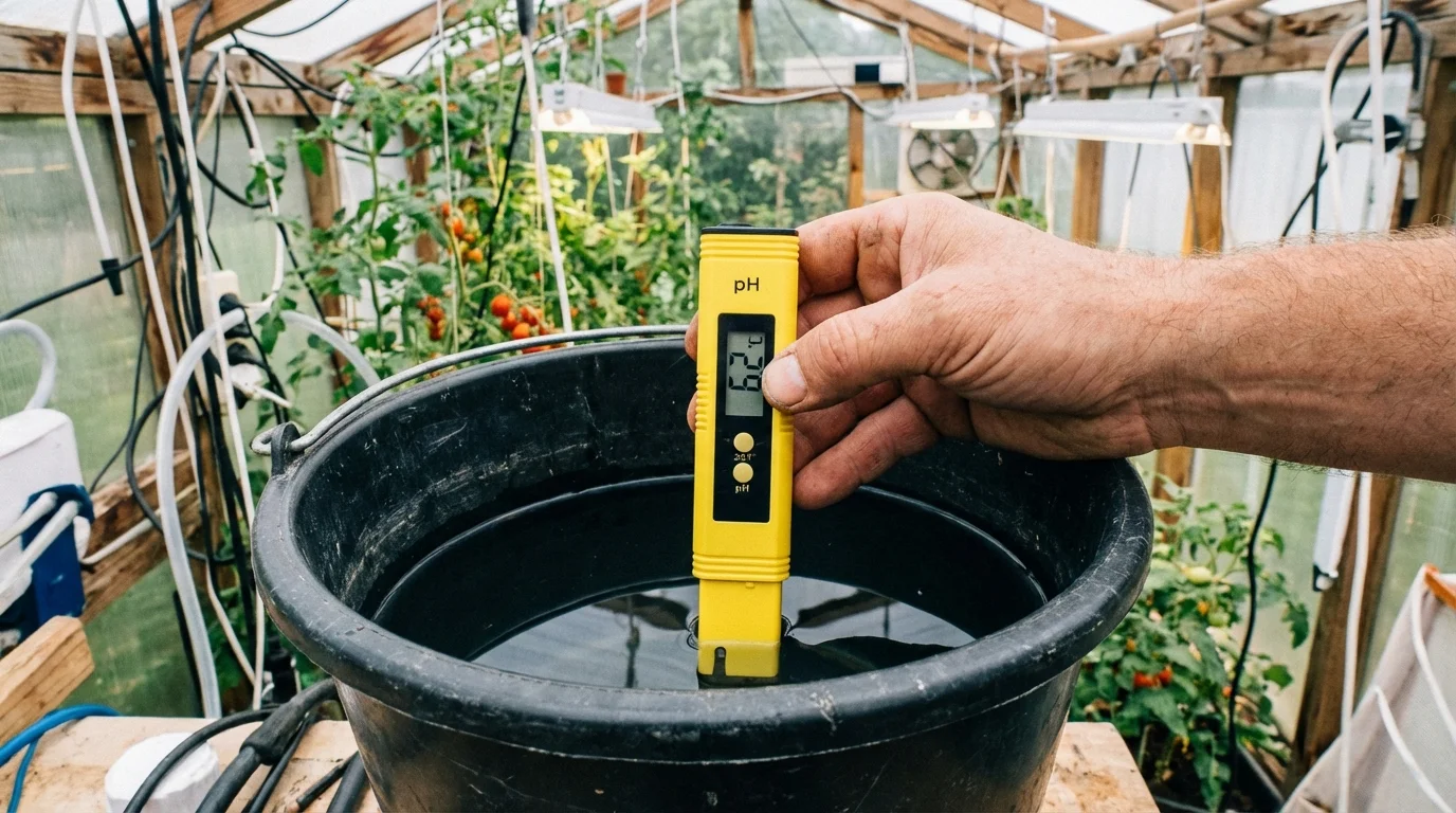 Medidor digital mostrando pH y EC para tomates hidropónicos con valores óptimos en solución nutritiva