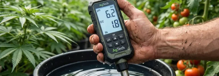 Agricultor midiendo el pH y la EC del agua con un medidor digital profesional en un cultivo hidropónico.