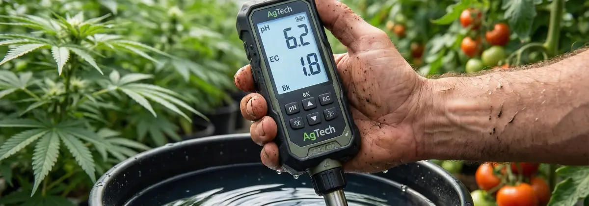 Agricultor midiendo el pH y la EC del agua con un medidor digital profesional en un cultivo hidropónico.