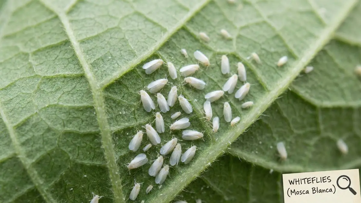 Enjambre de mosca blanca adulta en el envés de una hoja de tomate hidropónico con huevos visibles