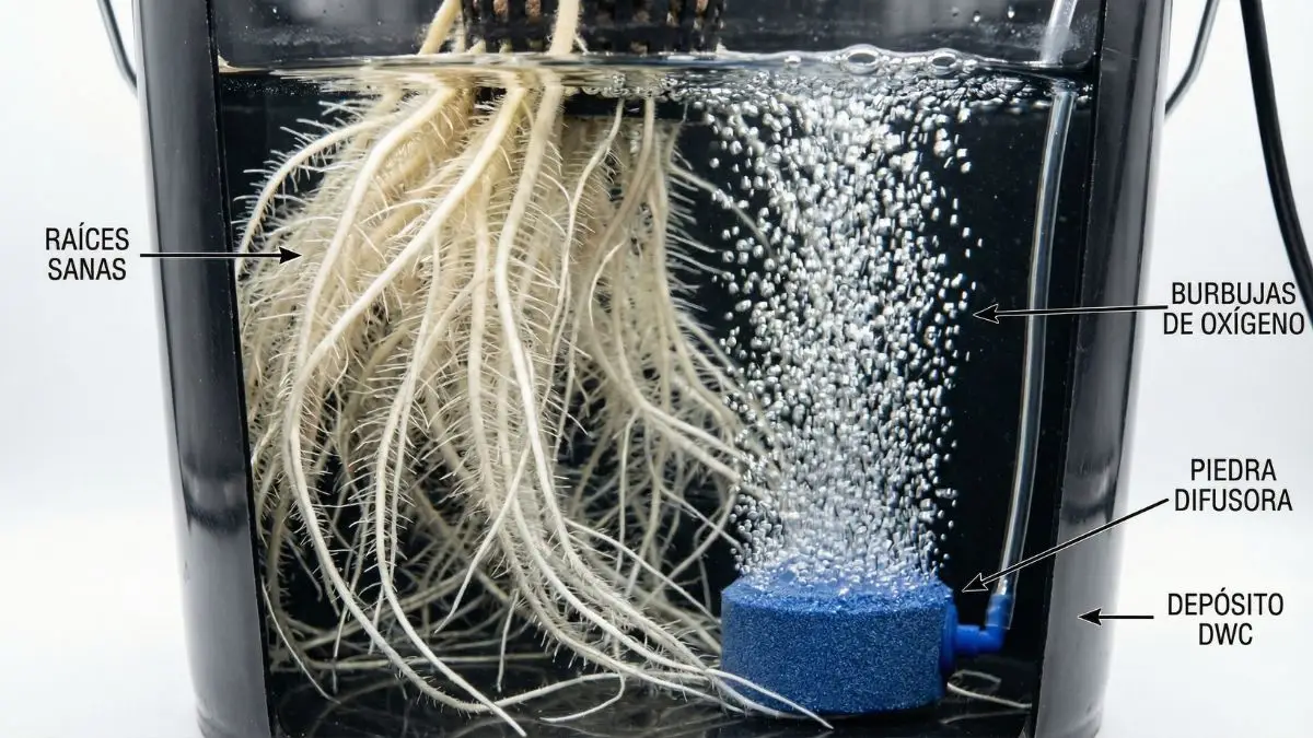 Nivel de agua correcto en sistema DWC mostrando el espacio de aire bajo la maceta de red