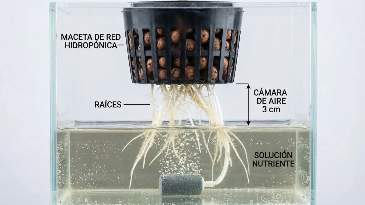 Nivel de agua y espacio de aire bajo la maceta de red en un sistema DWC