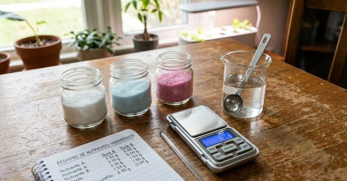 Sales minerales para formulación de nutrientes hidropónicos caseros junto a báscula de precisión y vasos graduados