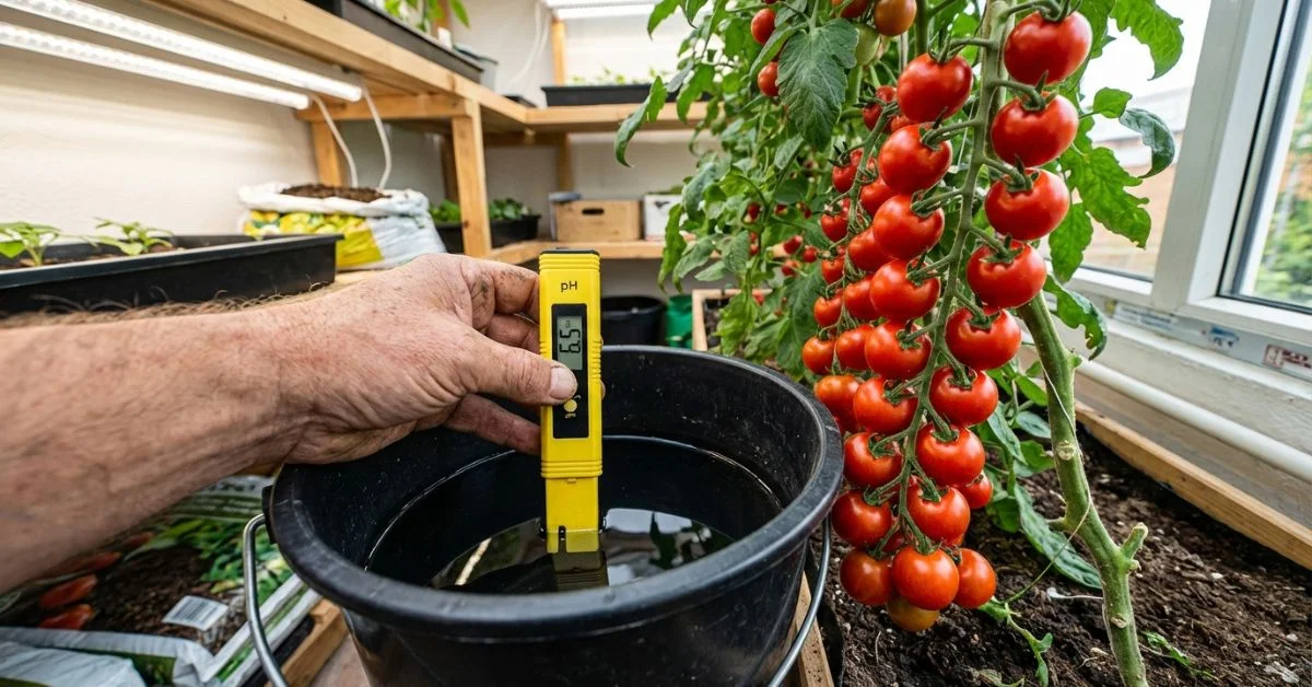 Medidor digital de pH y EC sumergido en solución nutritiva para tomates hidropónicos con valores óptimos visibles