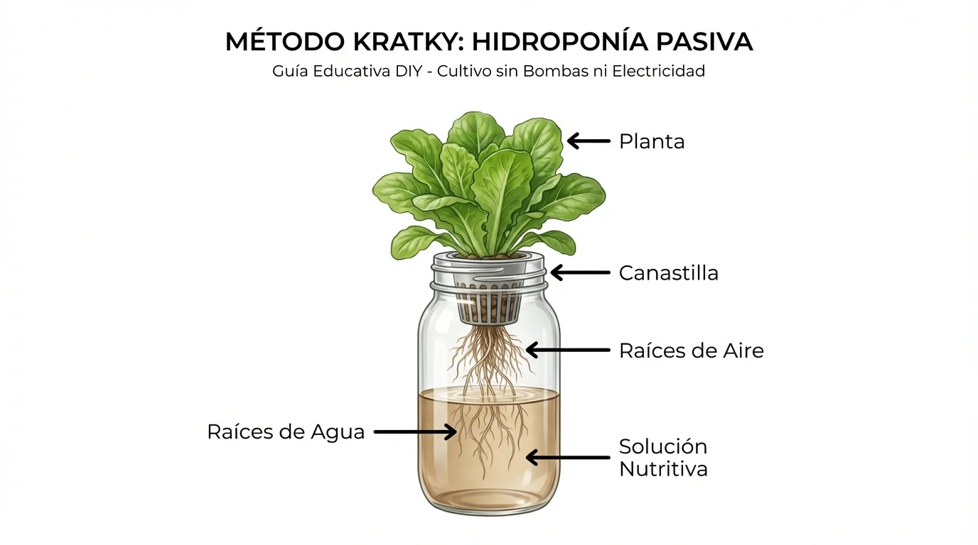Raíces blancas y sanas de lechuga creciendo dentro de un bote con el método Kratky, indicando un sistema bien calibrado