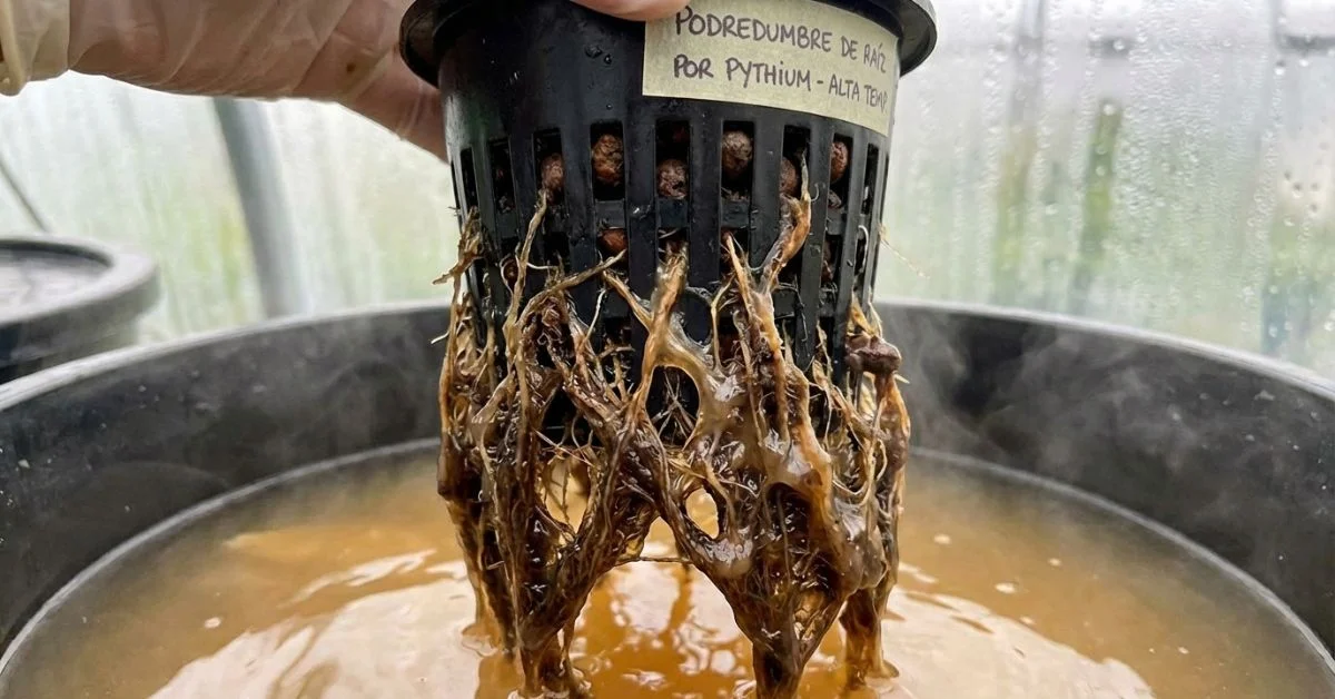 Raíces podridas por hongo Pythium en un sistema hidropónico con agua caliente